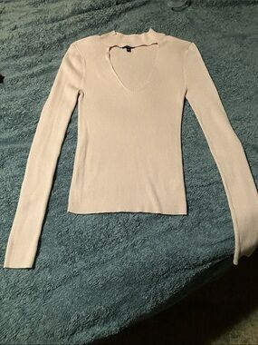 Express Ribbed V-Neck Long Sleeve Top - Cream